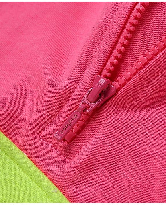 Babyhug Terry Knit Premium Light Gauge Terry Full Length Hooded T-Shirt and Joggers with Smiley Print - Neon Green & Pink