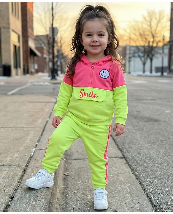 Babyhug Terry Knit Premium Light Gauge Terry Full Length Hooded T-Shirt and Joggers with Smiley Print - Neon Green & Pink