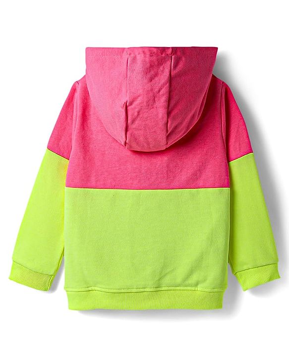 Babyhug Terry Knit Premium Light Gauge Terry Full Length Hooded T-Shirt and Joggers with Smiley Print - Neon Green & Pink