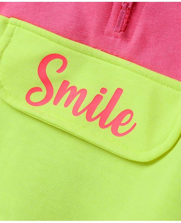 Babyhug Terry Knit Premium Light Gauge Terry Full Length Hooded T-Shirt and Joggers with Smiley Print - Neon Green & Pink