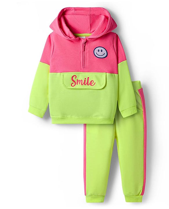 Babyhug Terry Knit Premium Light Gauge Terry Full Length Hooded T-Shirt and Joggers with Smiley Print - Neon Green & Pink