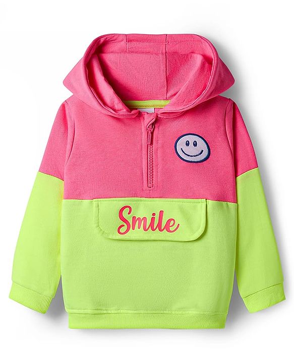 Babyhug Terry Knit Premium Light Gauge Terry Full Length Hooded T-Shirt and Joggers with Smiley Print - Neon Green & Pink