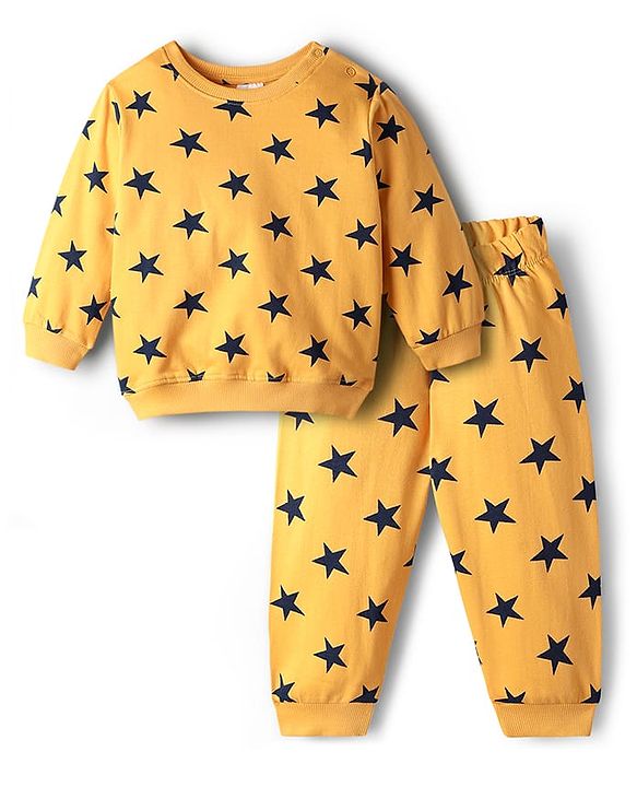 Babyhug Loop Knit Terry Full Sleeves Co-Ord Night Suit With Star Print - Yellow
