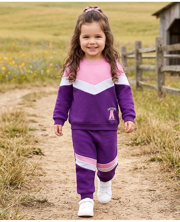 Babyhug Knit Premium Light Gauge Terry Full Sleeves  Top and Joggers Set With Cut & Sew Detailing & Awesome Text Print - Purple & Pink