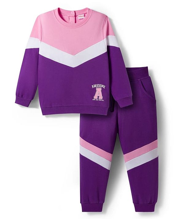 Babyhug Knit Premium Light Gauge Terry Full Sleeves  Top and Joggers Set With Cut & Sew Detailing & Awesome Text Print - Purple & Pink