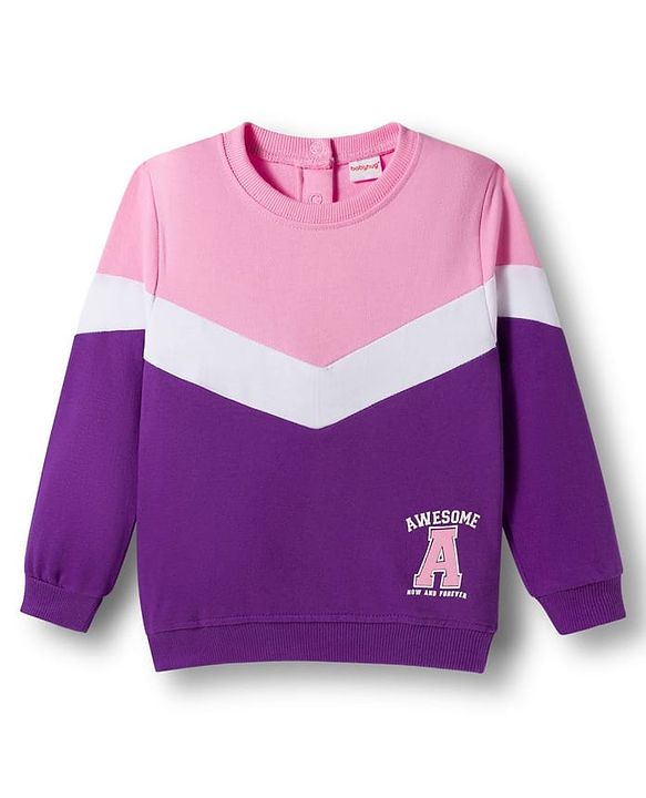 Babyhug Knit Premium Light Gauge Terry Full Sleeves  Top and Joggers Set With Cut & Sew Detailing & Awesome Text Print - Purple & Pink