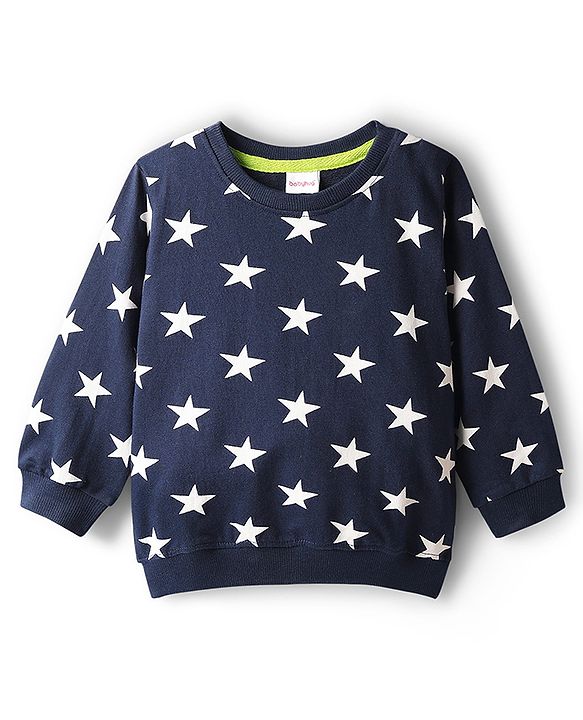 Babyhug Cotton Knit Full Sleeves Co-ords Night Suit With Star Print - Navy Blue