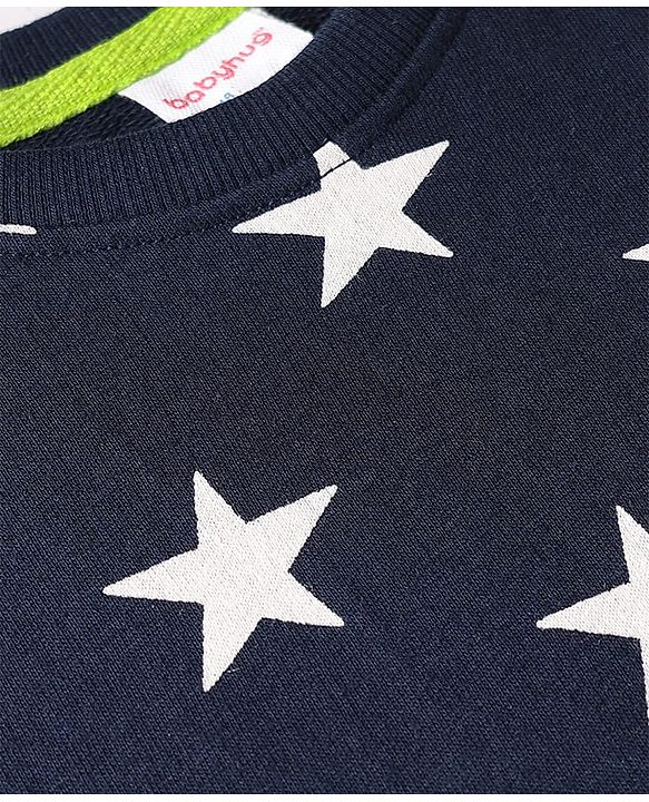 Babyhug Cotton Knit Full Sleeves Co-ords Night Suit With Star Print - Navy Blue