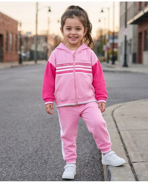Babyhug Knit Premium Light Gauge Terry Full Sleeves Hooded Top & Joggers Set With Text Print - Pink