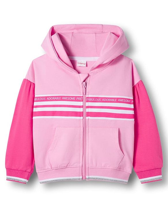 Babyhug Knit Premium Light Gauge Terry Full Sleeves Hooded Top & Joggers Set With Text Print - Pink