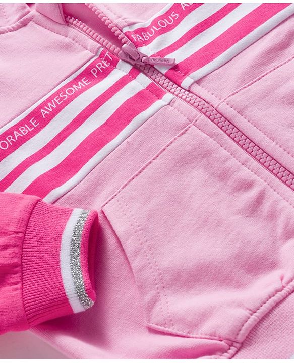 Babyhug Knit Premium Light Gauge Terry Full Sleeves Hooded Top & Joggers Set With Text Print - Pink