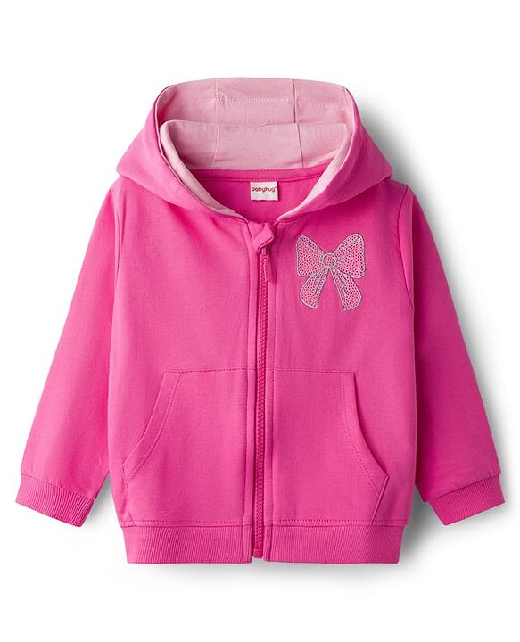 Babyhug 100% Cotton Terry Knit Full Sleeves Sweatshirt Jacket Inner Top & Pant Set with Bow Applique - Pink & White