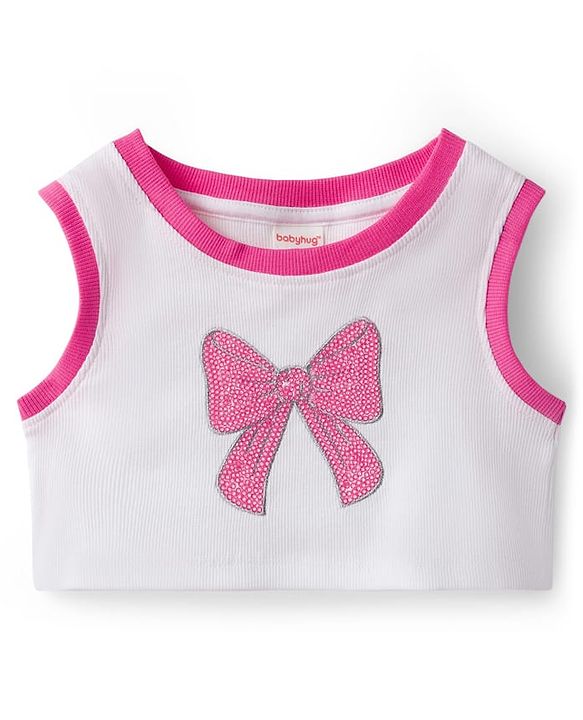 Babyhug 100% Cotton Terry Knit Full Sleeves Sweatshirt Jacket Inner Top & Pant Set with Bow Applique - Pink & White