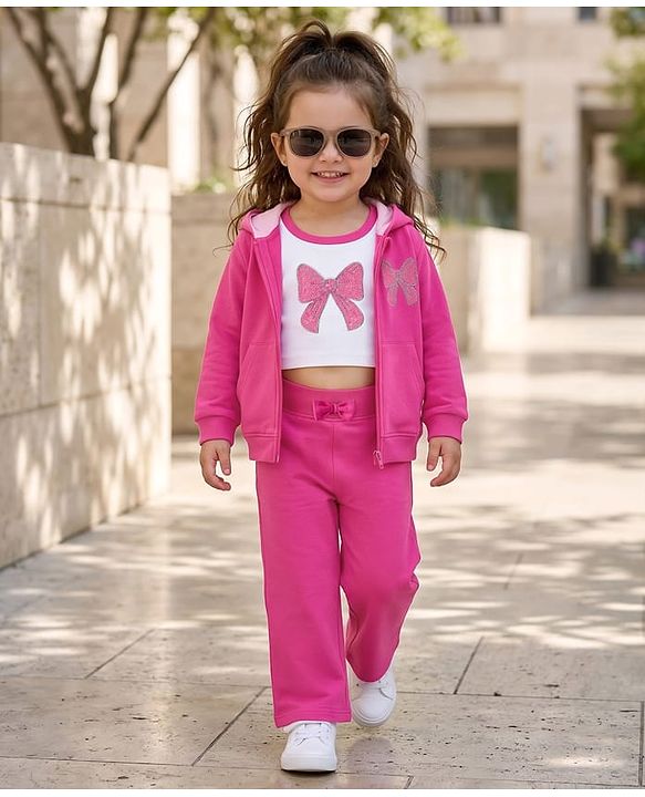 Babyhug 100% Cotton Terry Knit Full Sleeves Sweatshirt Jacket Inner Top & Pant Set with Bow Applique - Pink & White