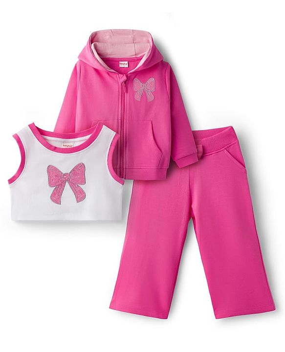 Babyhug 100% Cotton Terry Knit Full Sleeves Sweatshirt Jacket Inner Top & Pant Set with Bow Applique - Pink & White