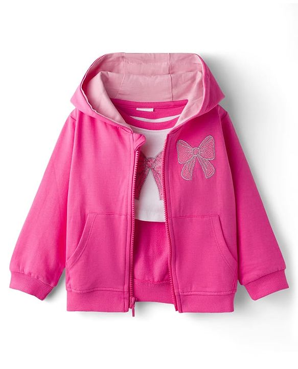 Babyhug 100% Cotton Terry Knit Full Sleeves Sweatshirt Jacket Inner Top & Pant Set with Bow Applique - Pink & White