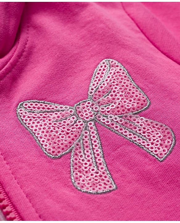 Babyhug 100% Cotton Terry Knit Full Sleeves Sweatshirt Jacket Inner Top & Pant Set with Bow Applique - Pink & White