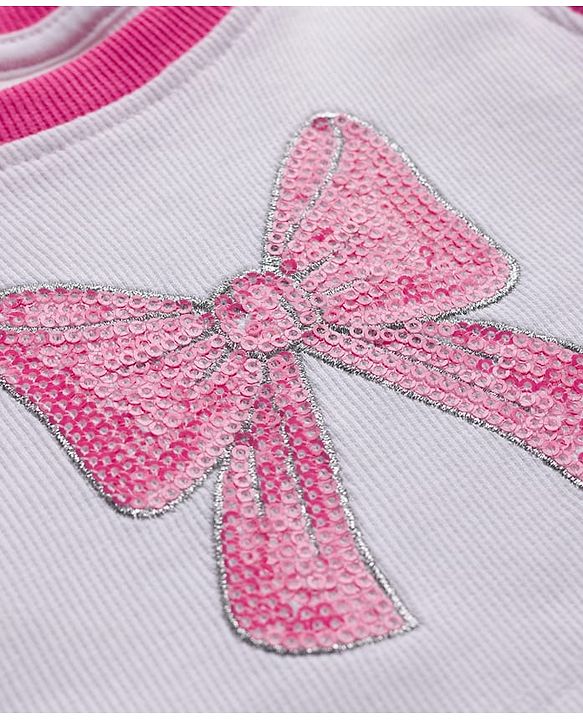 Babyhug 100% Cotton Terry Knit Full Sleeves Sweatshirt Jacket Inner Top & Pant Set with Bow Applique - Pink & White