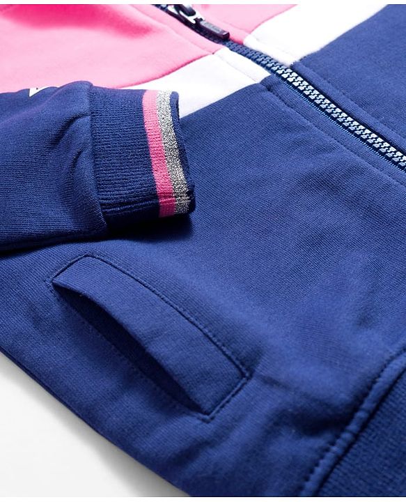 Babyhug Knit Premium Light Gauge Terry Full Sleeves Hooded Sweatjacket & Lounge Pant Set With Star Print - Pink & Navy Blue