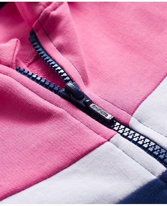 Babyhug Knit Premium Light Gauge Terry Full Sleeves Hooded Sweatjacket & Lounge Pant Set With Star Print - Pink & Navy Blue