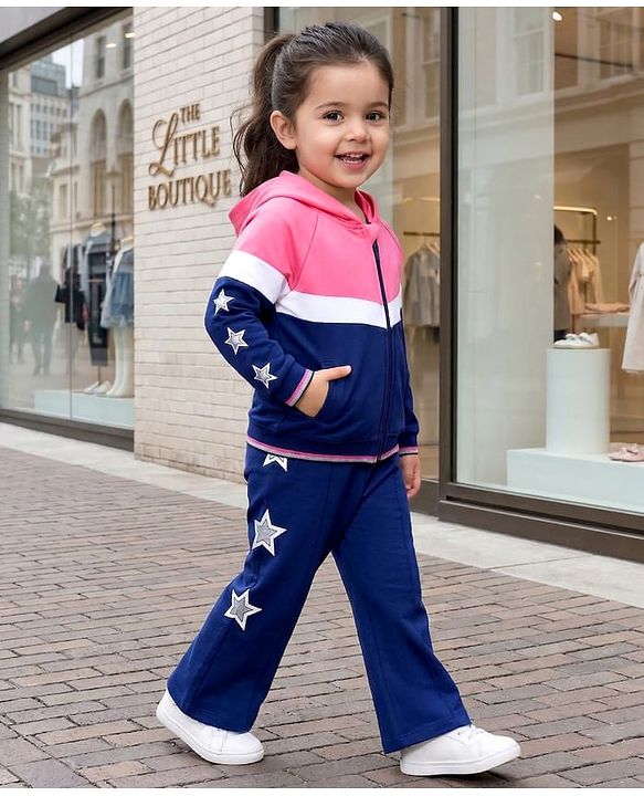 Babyhug Knit Premium Light Gauge Terry Full Sleeves Hooded Sweatjacket & Lounge Pant Set With Star Print - Pink & Navy Blue