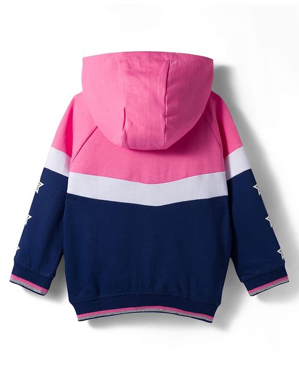 Babyhug Knit Premium Light Gauge Terry Full Sleeves Hooded Sweatjacket & Lounge Pant Set With Star Print - Pink & Navy Blue