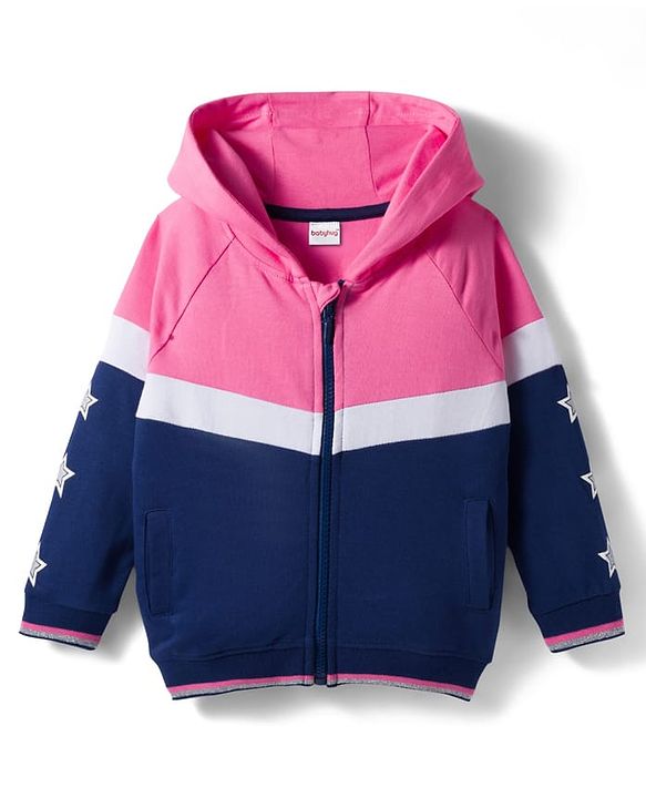 Babyhug Knit Premium Light Gauge Terry Full Sleeves Hooded Sweatjacket & Lounge Pant Set With Star Print - Pink & Navy Blue
