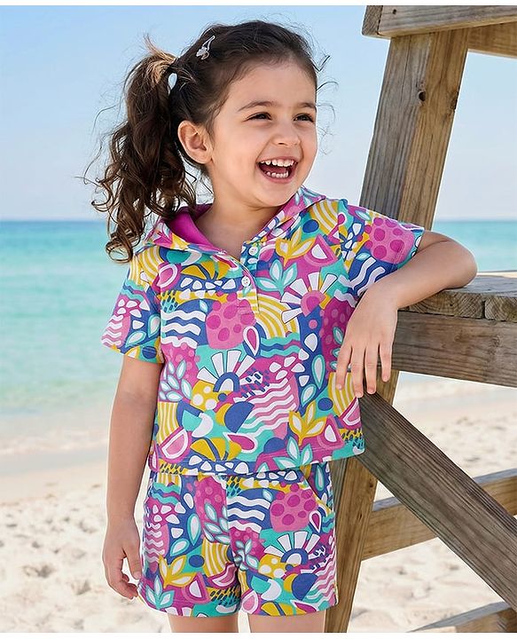 Babyhug Terry Knit Half Sleeves Co-ords Hooded Sweatshirt & Shorts Set with Tropical Theme Print - Multicolor