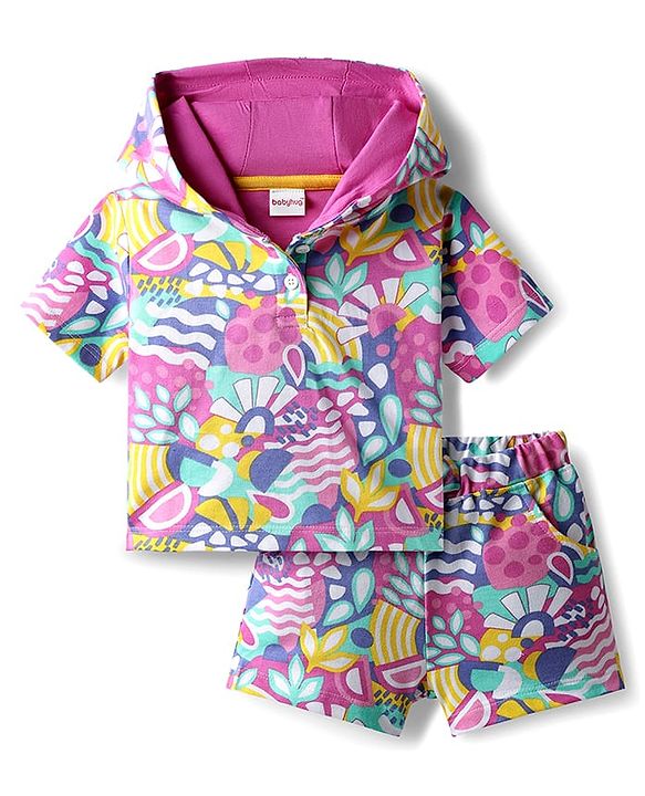 Babyhug Terry Knit Half Sleeves Co-ords Hooded Sweatshirt & Shorts Set with Tropical Theme Print - Multicolor