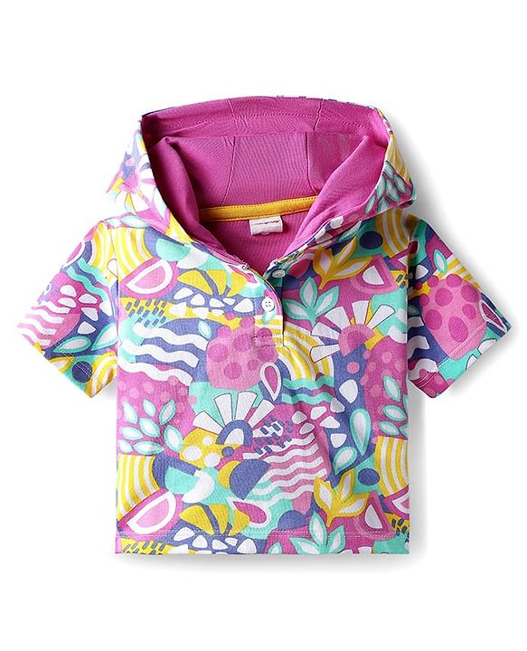 Babyhug Terry Knit Half Sleeves Co-ords Hooded Sweatshirt & Shorts Set with Tropical Theme Print - Multicolor
