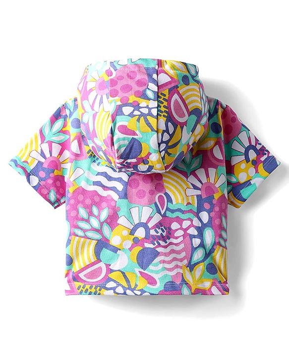 Babyhug Terry Knit Half Sleeves Co-ords Hooded Sweatshirt & Shorts Set with Tropical Theme Print - Multicolor