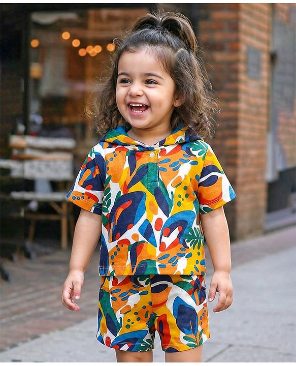 Babyhug Terry Knit Half Sleeves Co-ords Hooded Sweatshirt & Shorts Set with Tropical Theme Print - Multicolor