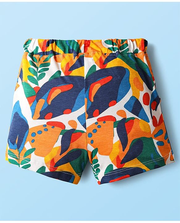 Babyhug Terry Knit Half Sleeves Co-ords Hooded Sweatshirt & Shorts Set with Tropical Theme Print - Multicolor