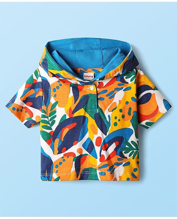 Babyhug Terry Knit Half Sleeves Co-ords Hooded Sweatshirt & Shorts Set with Tropical Theme Print - Multicolor