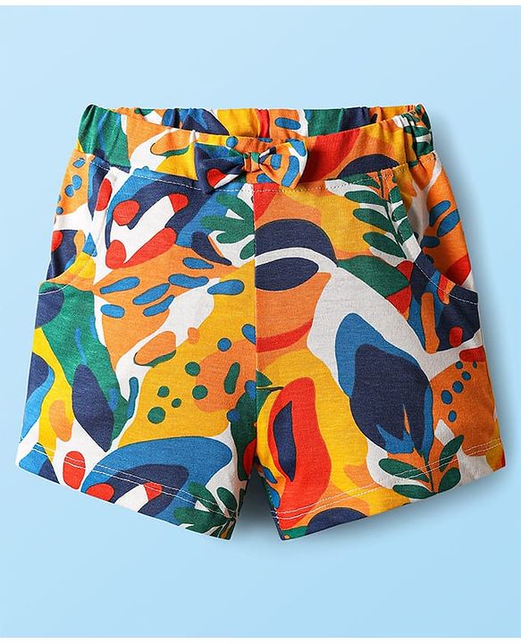 Babyhug Terry Knit Half Sleeves Co-ords Hooded Sweatshirt & Shorts Set with Tropical Theme Print - Multicolor