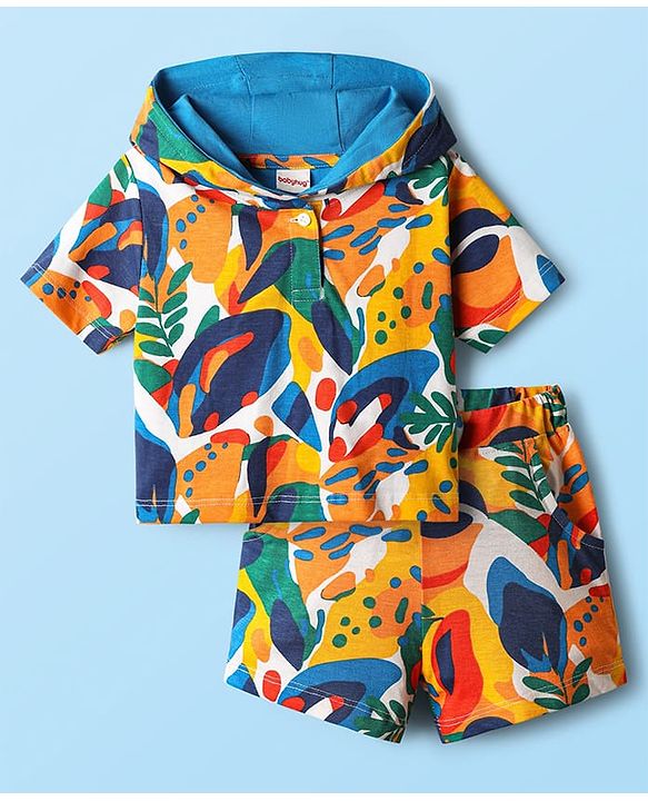 Babyhug Terry Knit Half Sleeves Co-ords Hooded Sweatshirt & Shorts Set with Tropical Theme Print - Multicolor
