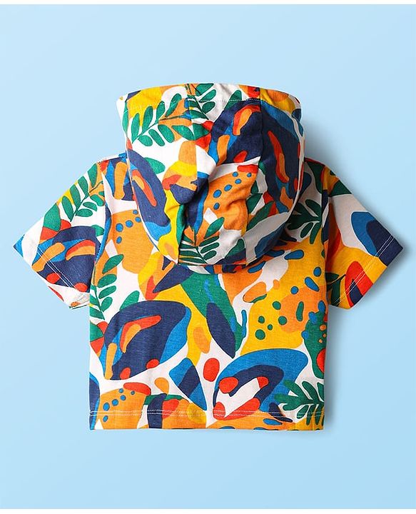 Babyhug Terry Knit Half Sleeves Co-ords Hooded Sweatshirt & Shorts Set with Tropical Theme Print - Multicolor