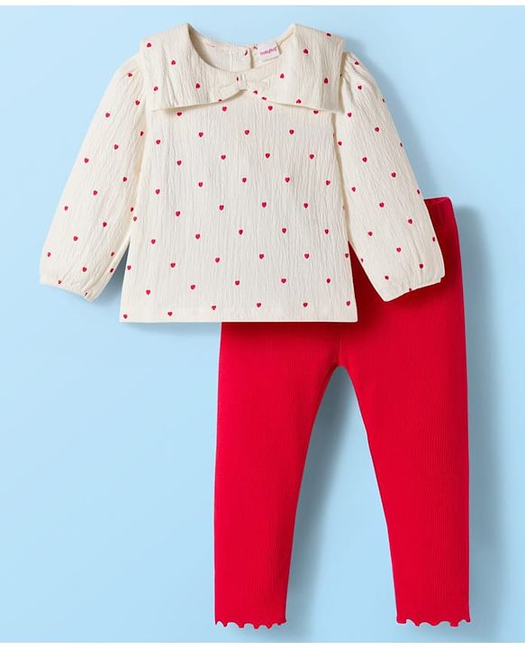 Babyhug Crinkled Crepe 100% Cotton Knit Full Sleeves Top & Leggings Set with Heart Print - Offwhite & Red