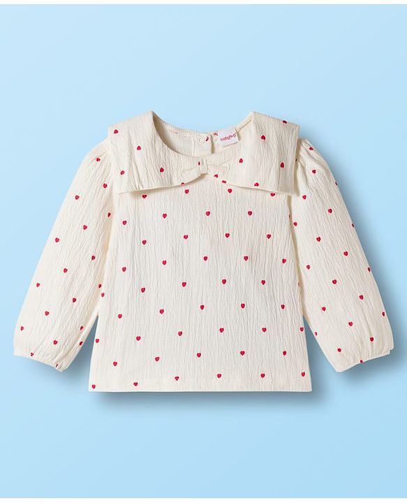 Babyhug Crinkled Crepe 100% Cotton Knit Full Sleeves Top & Leggings Set with Heart Print - Offwhite & Red