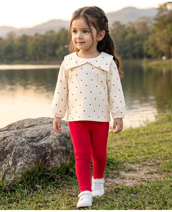Babyhug Crinkled Crepe 100% Cotton Knit Full Sleeves Top & Leggings Set with Heart Print - Offwhite & Red