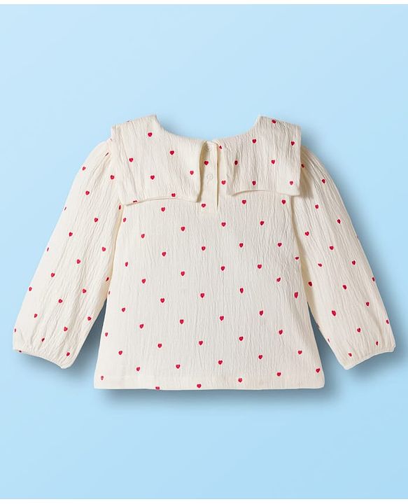 Babyhug Crinkled Crepe 100% Cotton Knit Full Sleeves Top & Leggings Set with Heart Print - Offwhite & Red