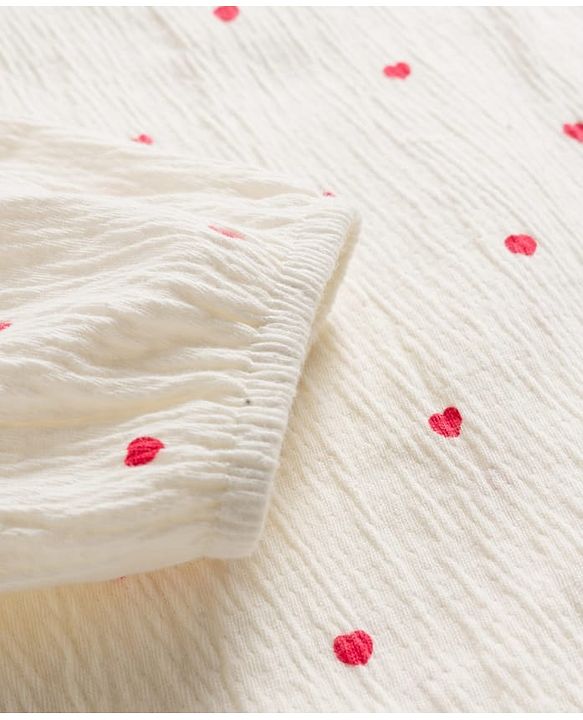Babyhug Crinkled Crepe 100% Cotton Knit Full Sleeves Top & Leggings Set with Heart Print - Offwhite & Red