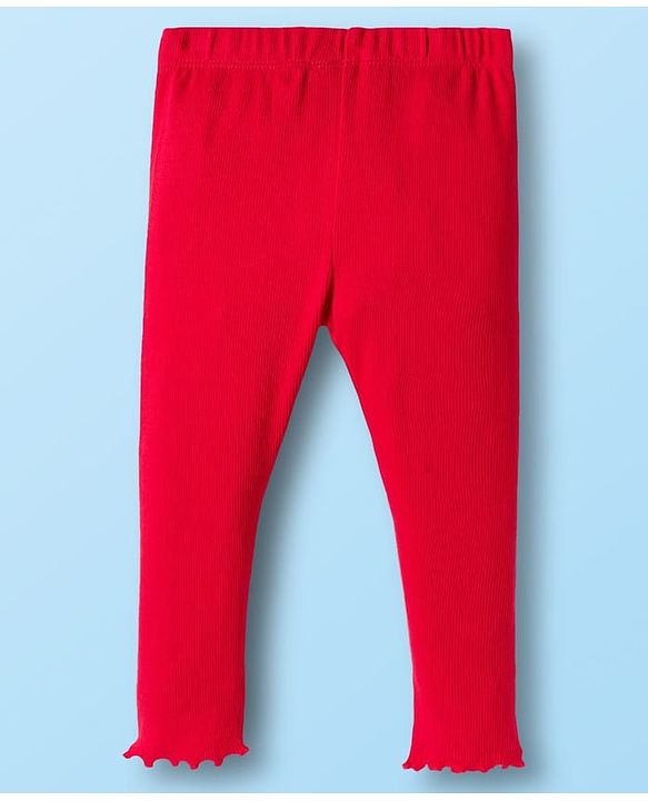 Babyhug Crinkled Crepe 100% Cotton Knit Full Sleeves Top & Leggings Set with Heart Print - Offwhite & Red