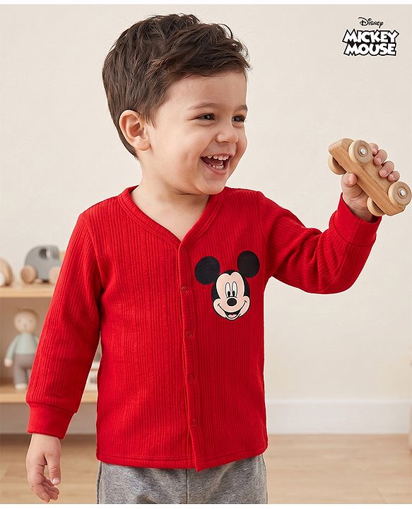 Babyhug Disney Full Sleeve Front Open Thermal Vest with Mickey Mouse Graphic - Red