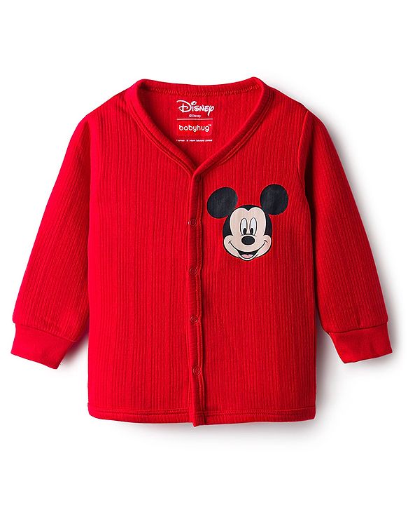 Babyhug Disney Full Sleeve Front Open Thermal Vest with Mickey Mouse Graphic - Red