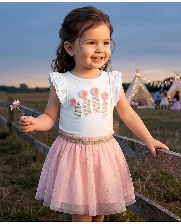 Babyhug Single Jersey Knit Frill Sleeves Top & Skirt Set with Floral Applique & Heart Embroidery - Pink & White
