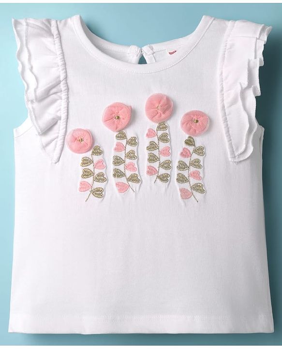 Babyhug Single Jersey Knit Frill Sleeves Top & Skirt Set with Floral Applique & Heart Embroidery - Pink & White