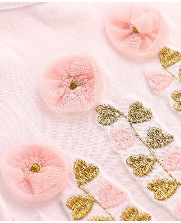 Babyhug Single Jersey Knit Frill Sleeves Top & Skirt Set with Floral Applique & Heart Embroidery - Pink & White