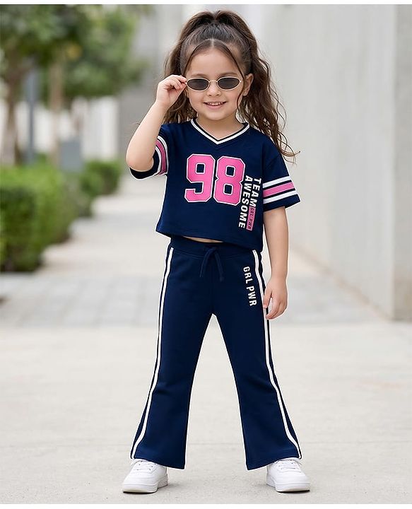 Babyhug 100% Cotton Terry Knit Half Sleeves Top & Track Pants Set with 98 Text Print - Navy Blue