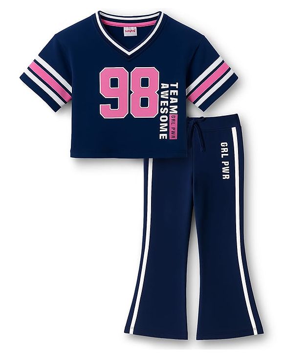 Babyhug 100% Cotton Terry Knit Half Sleeves Top & Track Pants Set with 98 Text Print - Navy Blue